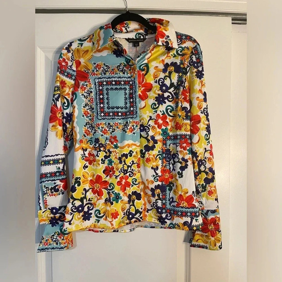 Boston Proper La Dolce Scarf Print Sophia Button Up Charmeuse Blouse Size 0 - Picture 1 of 3